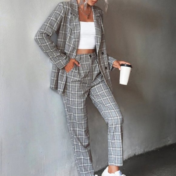 Womens Plaid Double Breasted Blazer And Pants Set - Picture 2 of 3